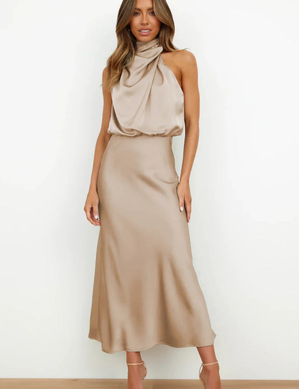 Imelda Satin Halter Evening Dress Apricot Dress