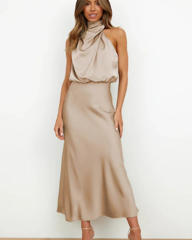 Imelda™ | Long Satin Dress with Halter Neckline Apricot Dress