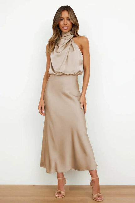 Imelda™ | Long Satin Dress with Halter Neckline Apricot Dress
