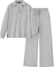 Mireya™ | Women's Lapel V Neck Textured Lounge Sets Two piece set