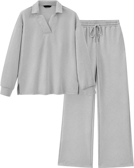 Mireya™ | Women's Lapel V Neck Textured Lounge Sets Two piece set