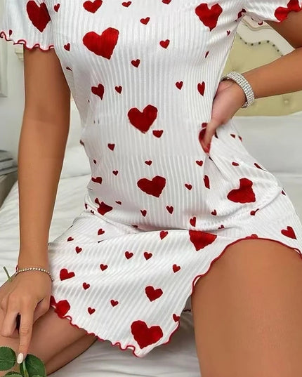 Women's Heart-Print Casual Short-Sleeve Nightdress Red White Women's Tops