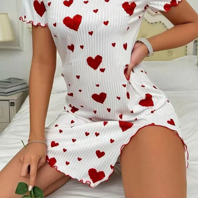 Women's Heart-Print Casual Short-Sleeve Nightdress Red White Women's Tops