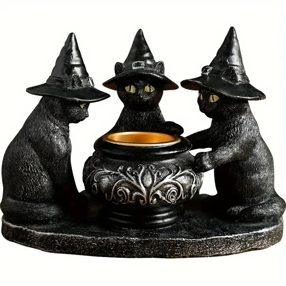 Witches Cat Cauldron Tea Light Holder Halloween Decorations