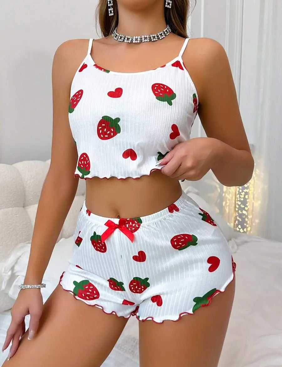 Women’s Strawberry Print Milk-Silk Cami & Shorts Pajama Set Women's Tops