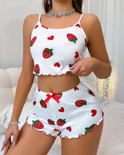 Women’s Strawberry Print Milk-Silk Cami & Shorts Pajama Set Women's Tops