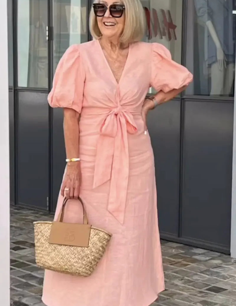 Esther | V-Neck Cotton Dress With Laces Pink Dresses
