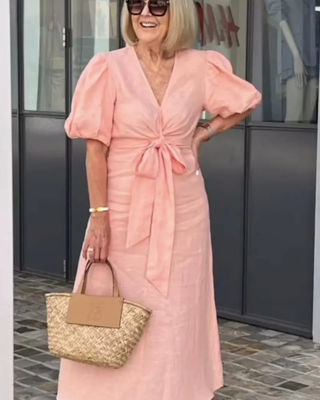 Esther | V-Neck Cotton Dress With Laces Pink Dresses
