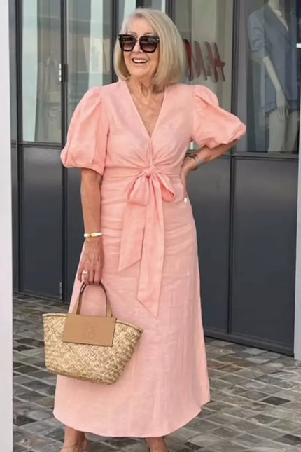 Esther | V-Neck Cotton Dress With Laces Pink Dresses