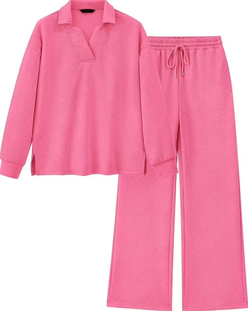 Mireya™ | Women's Lapel V Neck Textured Lounge Sets Two piece set