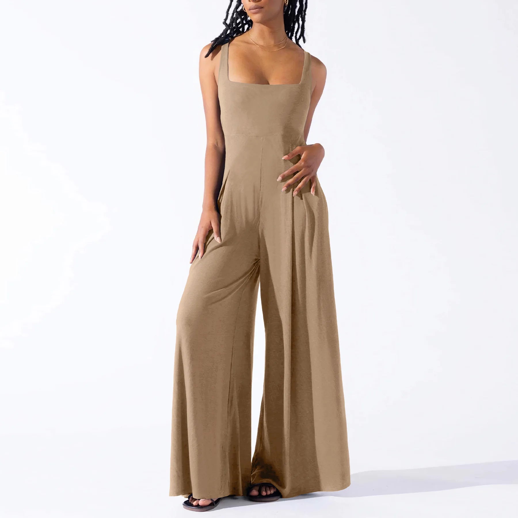 Women's High‑Waist Wide‑Leg Sleeveless Jumpsuit Khaki Jumpsuit