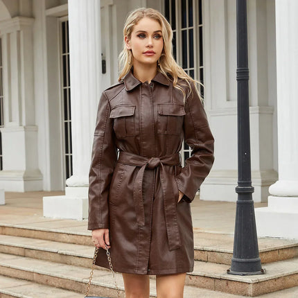 Mid length Leather Trench Coat Brown Coats