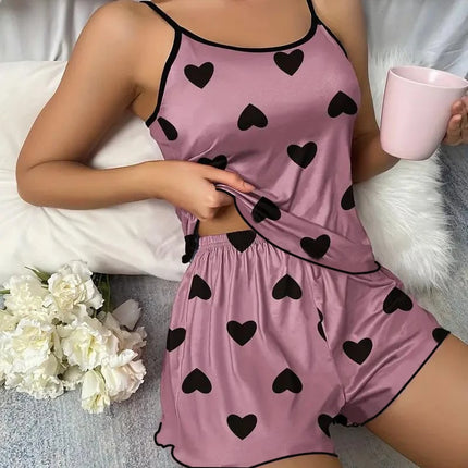 Women's Ice-Silk Heart-Print Pajama Set Purple Women's Tops
