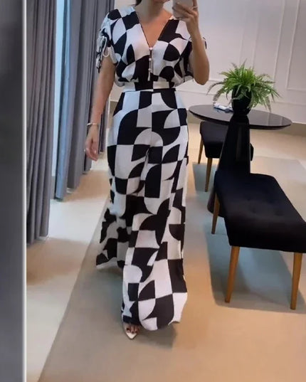 Women's Casual V-Neck Geometric Print Wide Leg Jumpsuit Printed black Jumpsuit