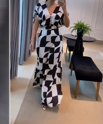 Women's Casual V-Neck Geometric Print Wide Leg Jumpsuit Printed black Jumpsuit