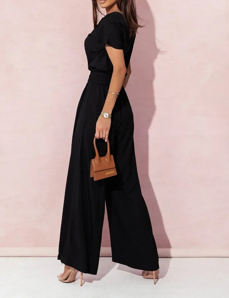 Ann | V-neck Short Sleeve Jumpsuit with Casual Belt - OKOHOKO™ FASHION