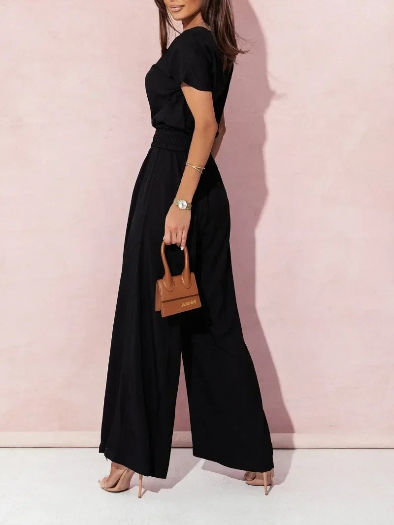 Ann | V-neck Short Sleeve Jumpsuit with Casual Belt