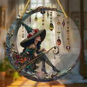 Moonlit Witch & Broom Acrylic Suncatcher Halloween Decorations