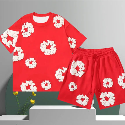 Men's Denim Tears Cotton Flower 3D Printed Shorts Set Red Shorts