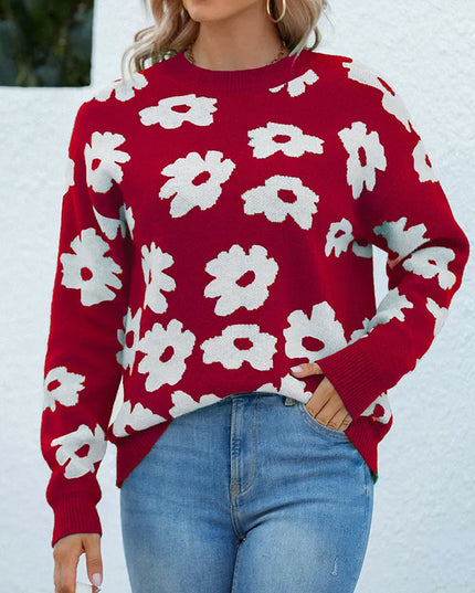 Women’s Floral Lantern Sleeve Knit Sweater Red wine Women Sweater