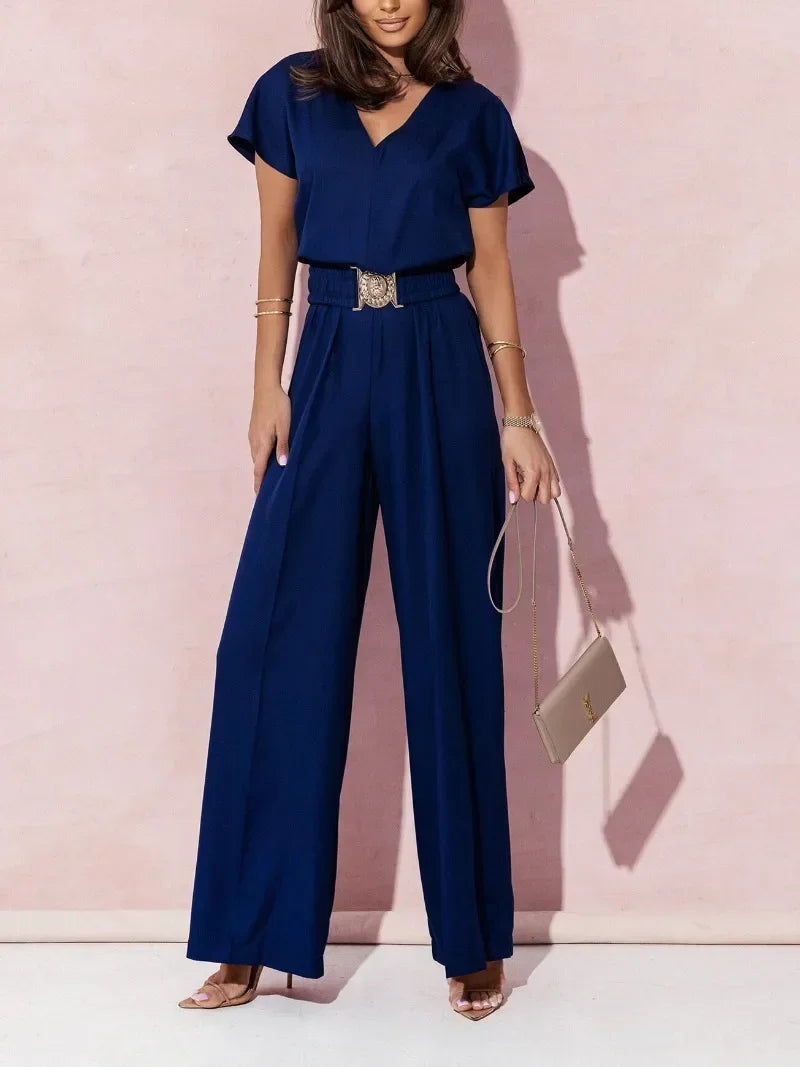 Ann | V-neck Short Sleeve Jumpsuit with Casual Belt