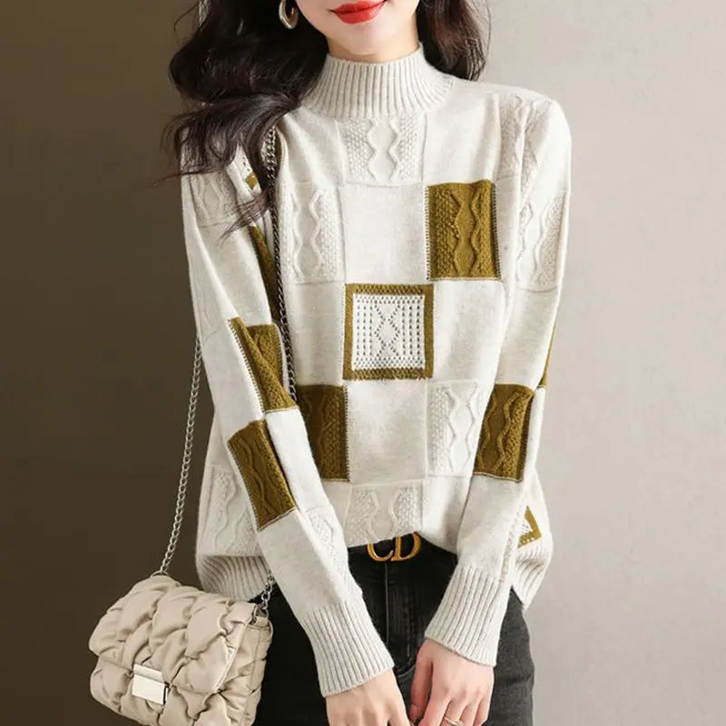 Cozy Mélange Knit Sweater – Chic Patchwork Blend Beige Sweaters