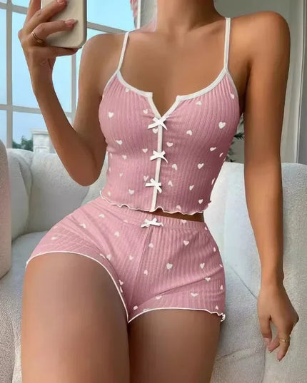 Women’s Love-Print Pajama Set Pink White Women's Tops