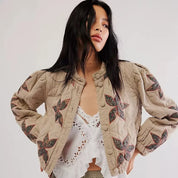 Print O-Neck Single-Breasted Jacket Khaki Jacket