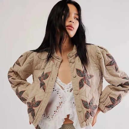 Print O-Neck Single-Breasted Jacket Khaki Jacket