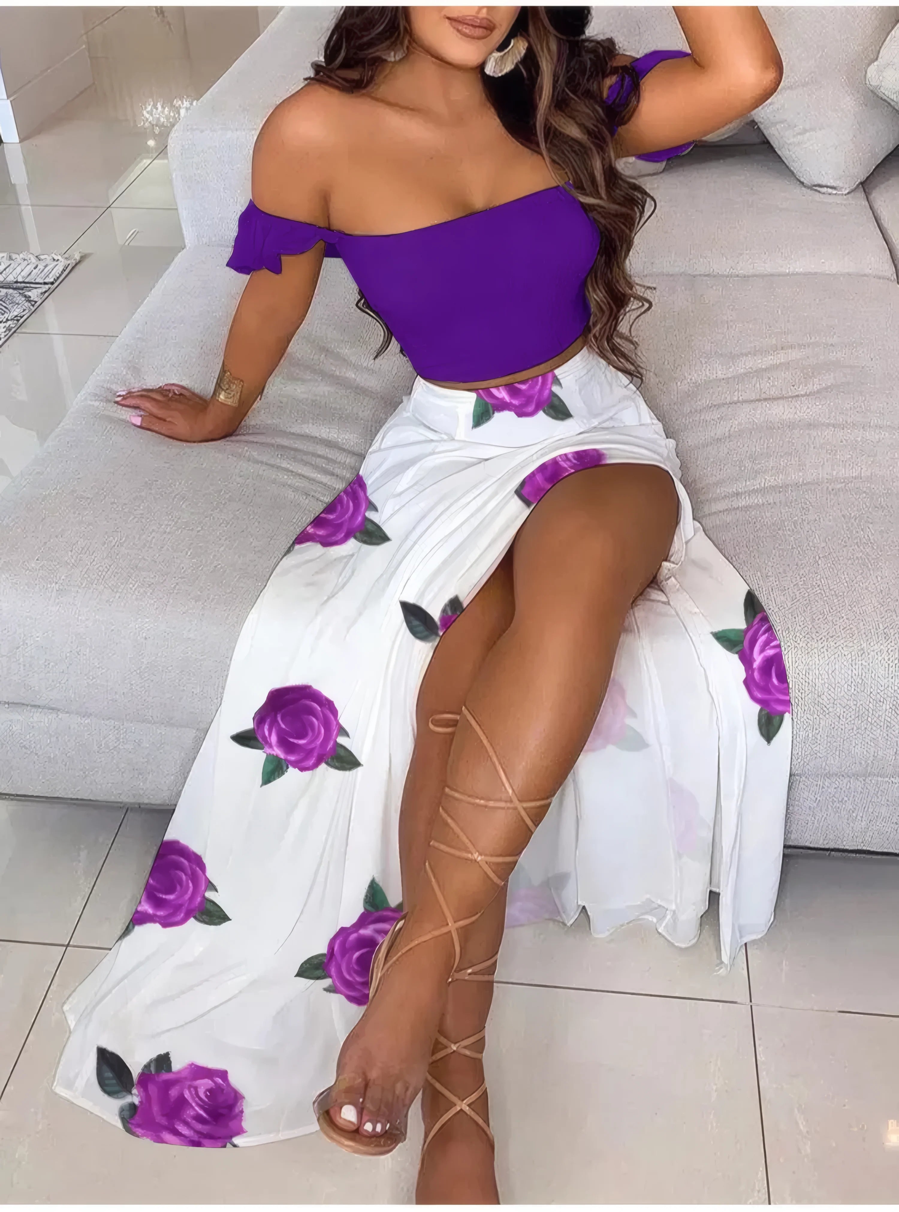 Boho Chic Ensemble Two Piece Set Purple Flowers