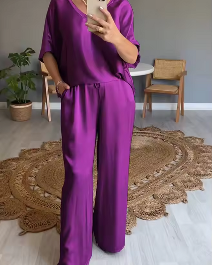 Summer Short-sleeved T-shirt Two-piece Set For Women PURPLE Outfit Sets