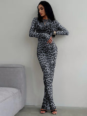 Hugcitar Leopard Print Mesh Maxi Dress black Dresses
