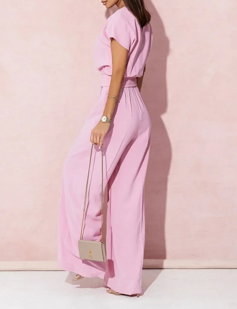 Ann | V-neck Short Sleeve Jumpsuit with Casual Belt - OKOHOKO™ FASHION