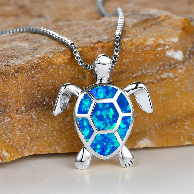 Ocean's Promise Opal Turtle Necklace Silver Blue Necklace