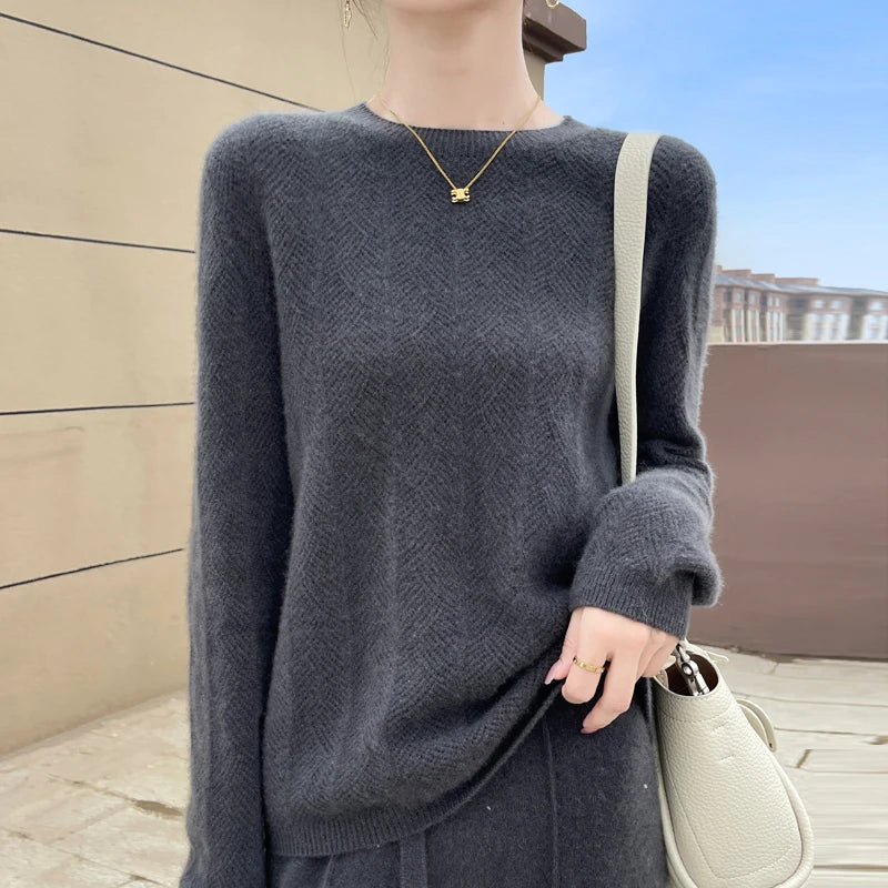 Portofino Knit Sweater – Merino Chevron Luxe Knits Dark Gray Women Winter Sweaters