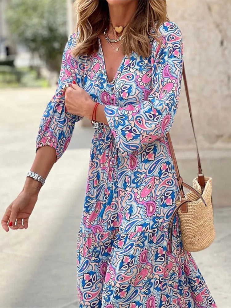 Women’s Boho V-Neck Printed Midi Dress Dresses