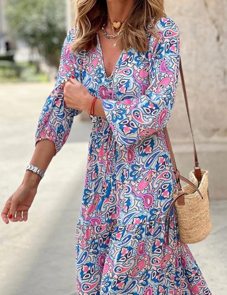 Women’s Boho V-Neck Printed Midi Dress Dresses