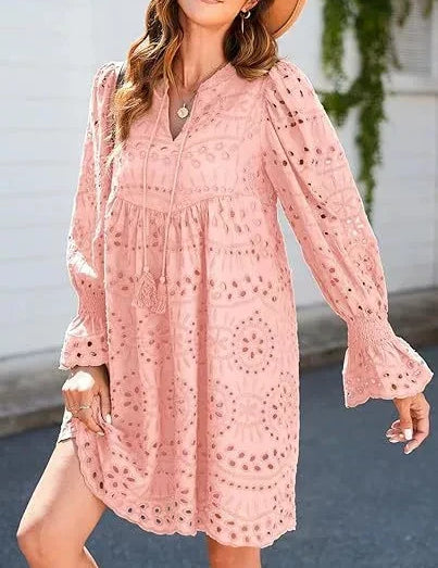 Vintage Eyelet Cotton Midi Dress Pink Dresses