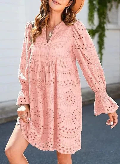 Vintage Eyelet Cotton Midi Dress Pink Dresses
