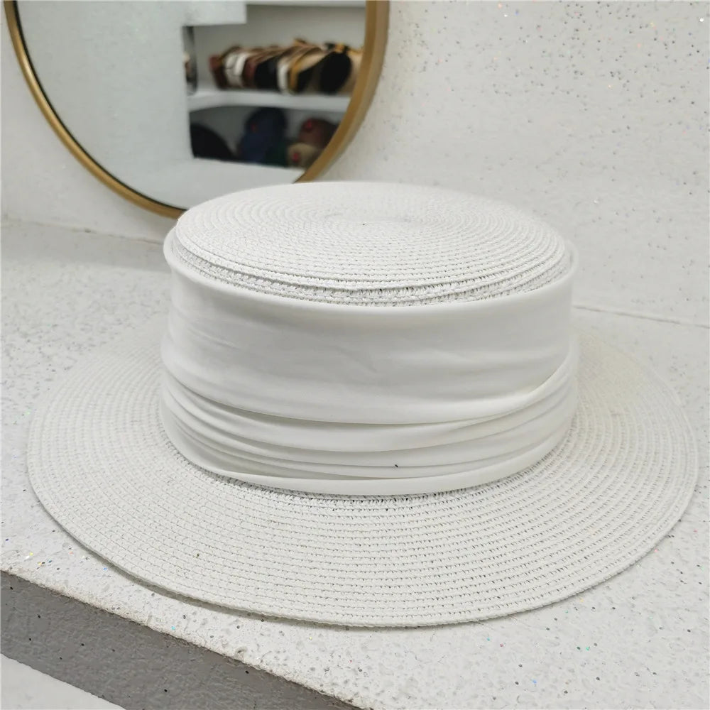 New Fedoras Summer Women's Boater Beach Hat Wide Side Female Casual Panama Hat Lady Classic Flat Bowknot Straw Sun Hat Women White 54-58cm