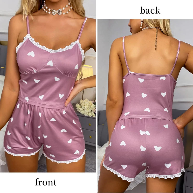 Women’s V‑Neck Lace-Trim Pajama Set Women's Tops