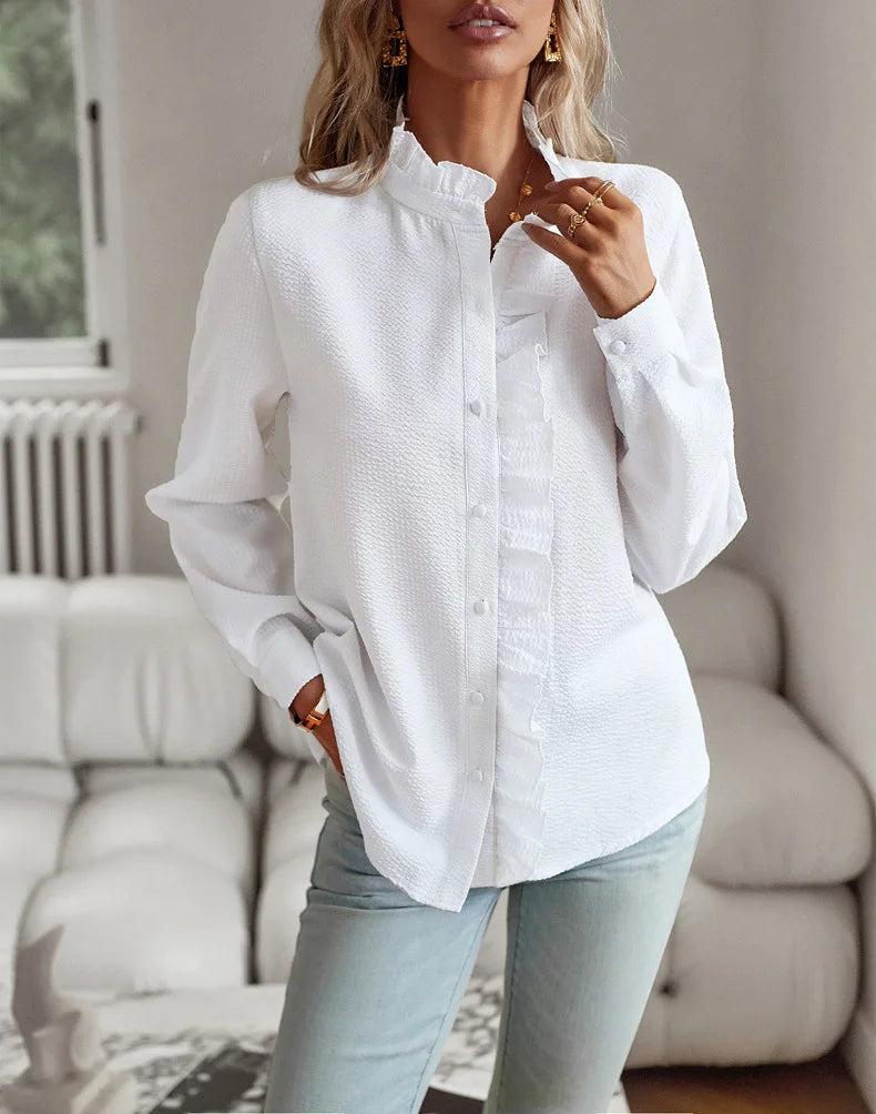 Nora I Elegant Office Frill with Stand-Up Collar Shirt White Women Blouse