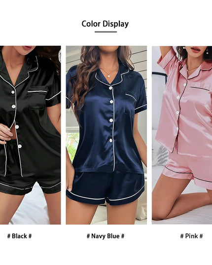 Summer Silk Satin Women Pajamas Set Button Down Top & Shorts 2 Pieces Sleepwear Notched Collar Nightwear Loungewear for Women