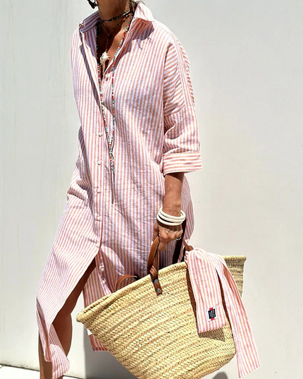 Karina™ | Elegant striped shirt dress Light pink Dresses