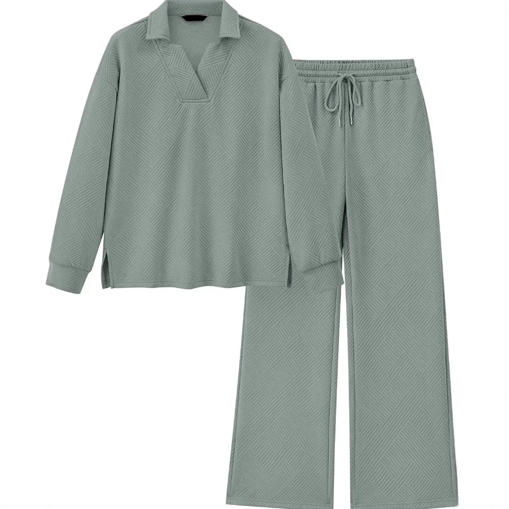Mireya™ | Women's Lapel V Neck Textured Lounge Sets Two piece set
