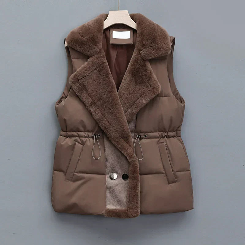 Elegant Layering Vest – Faux-Fur Collar Puffer Brown Women's Jacket