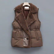 Elegant Layering Vest – Faux-Fur Collar Puffer Brown Women's Jacket