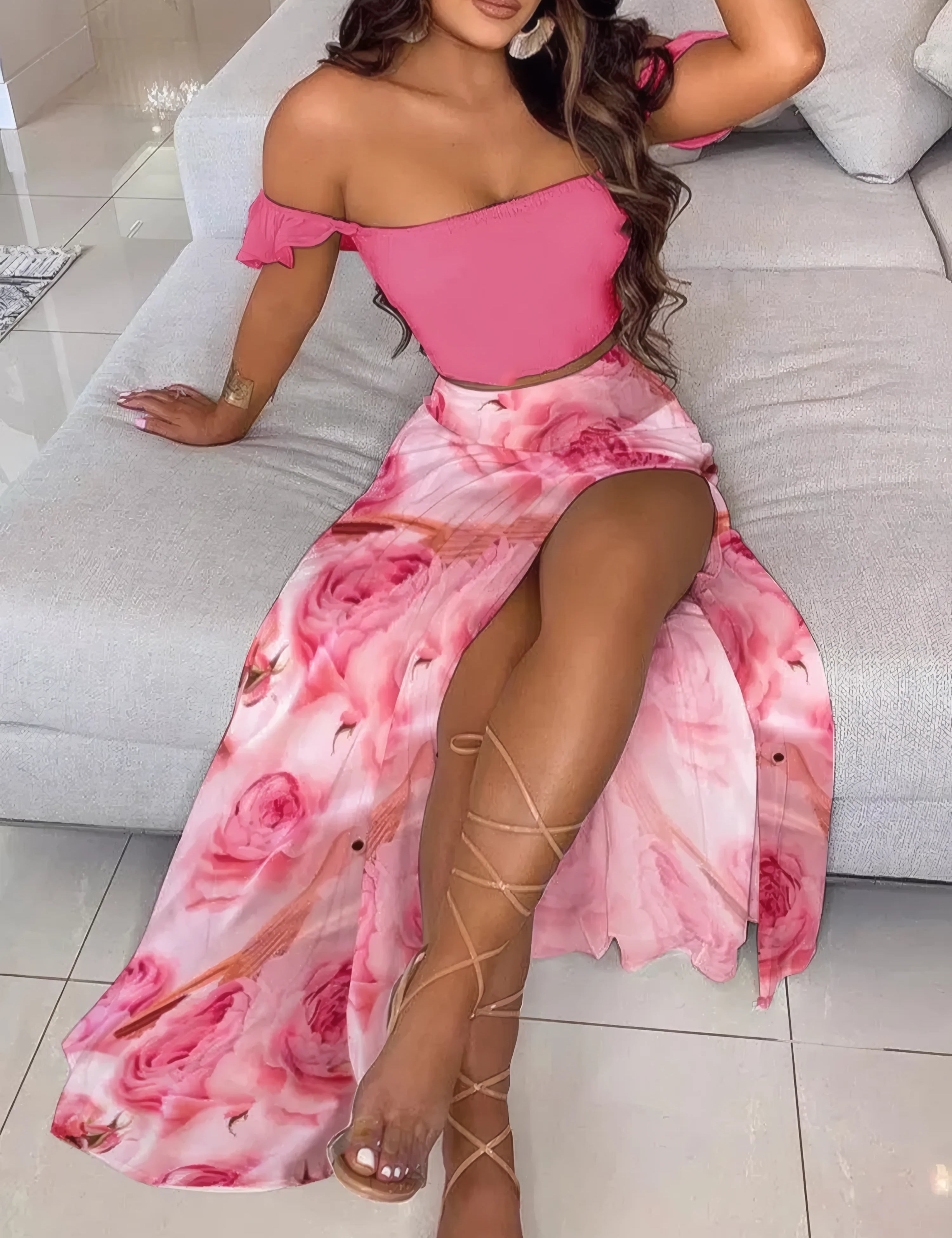 Boho Chic Ensemble Two Piece Set Pink Roses