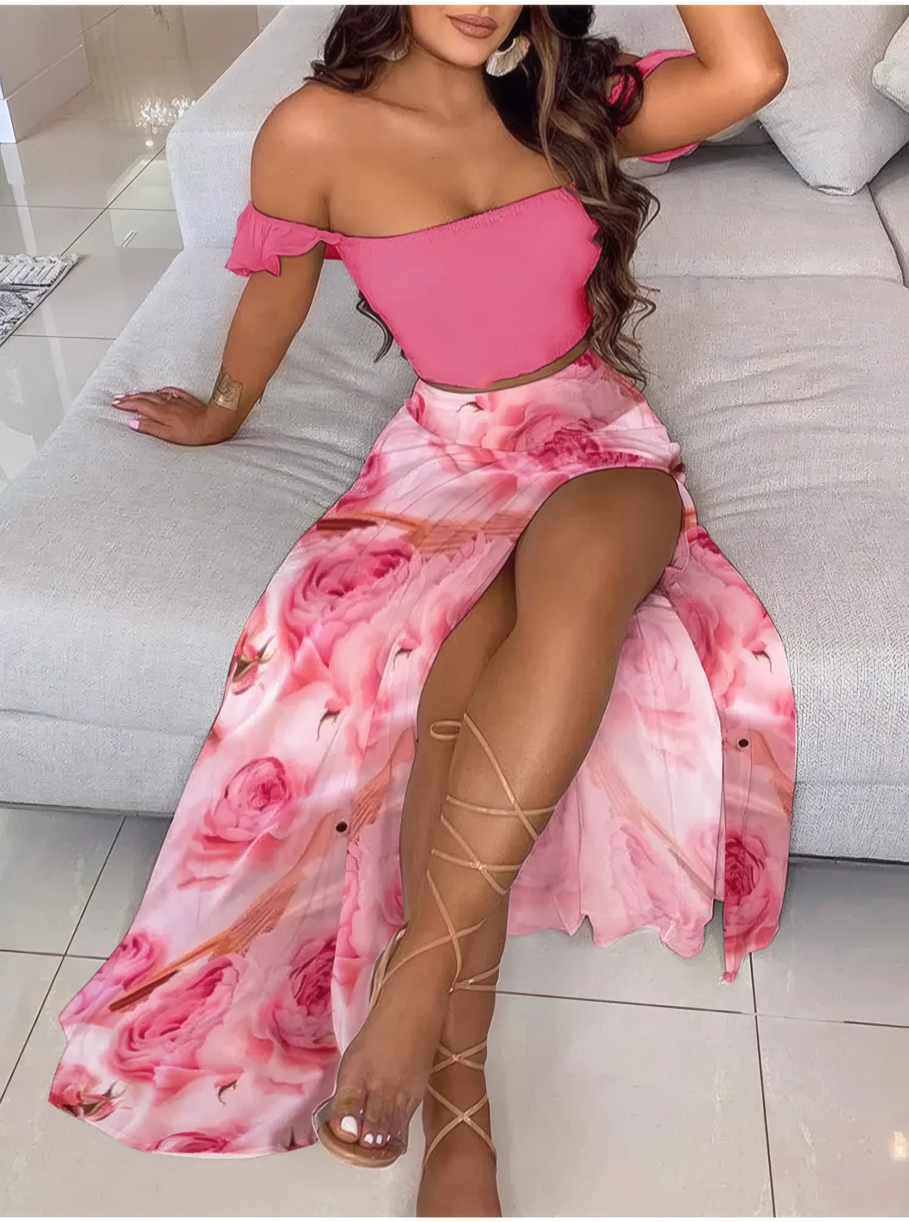 Boho Chic Ensemble Two Piece Set Pink Roses