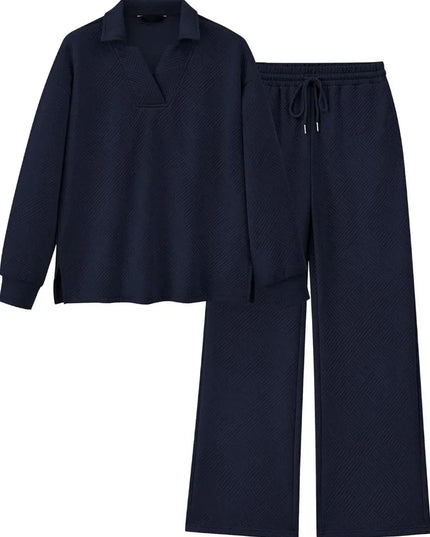 Mireya™ | Women's Lapel V Neck Textured Lounge Sets Two piece set